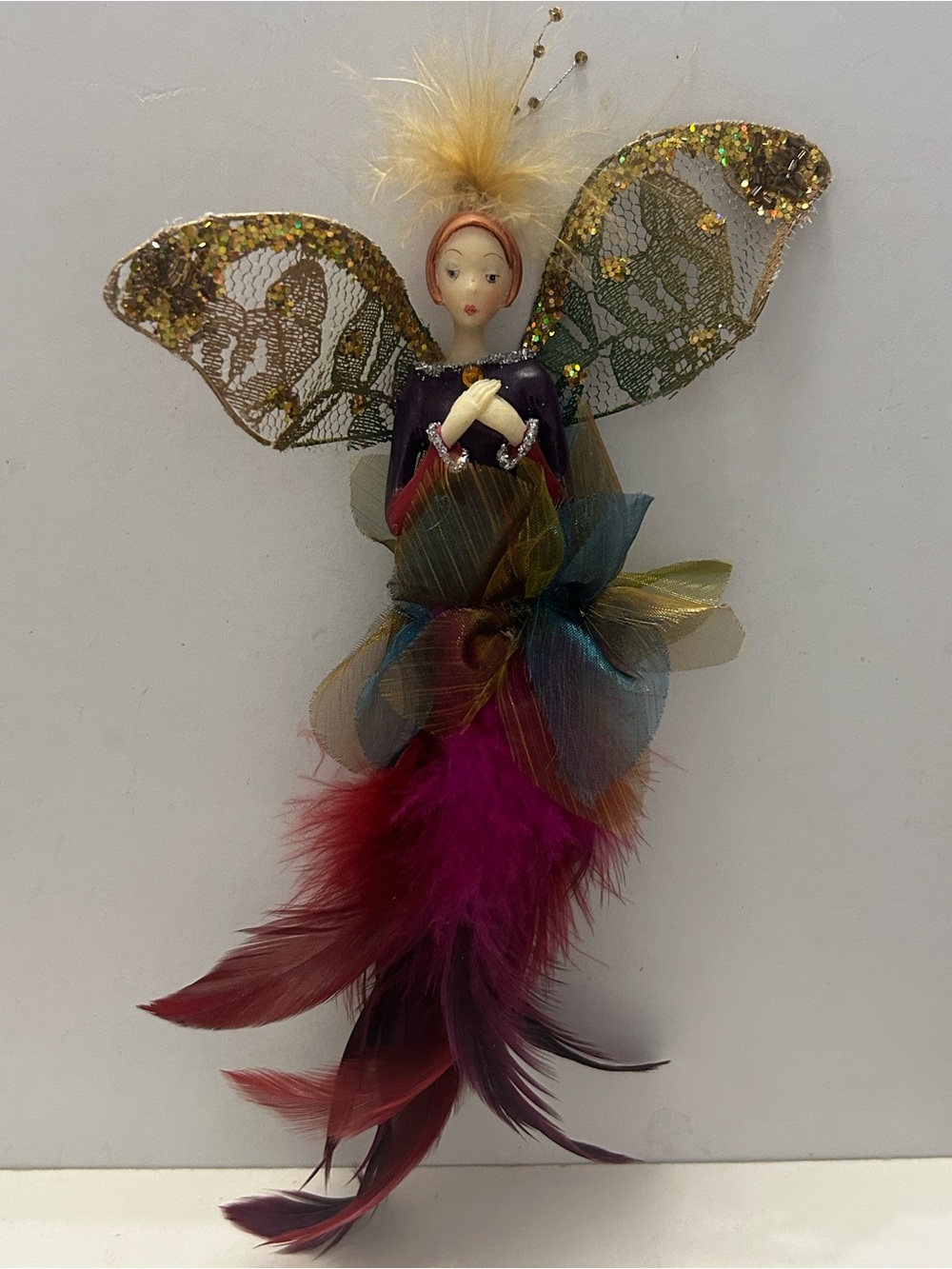 Vintage Whimsical Fairy Hanging Ornament Feathers Glitter Beads